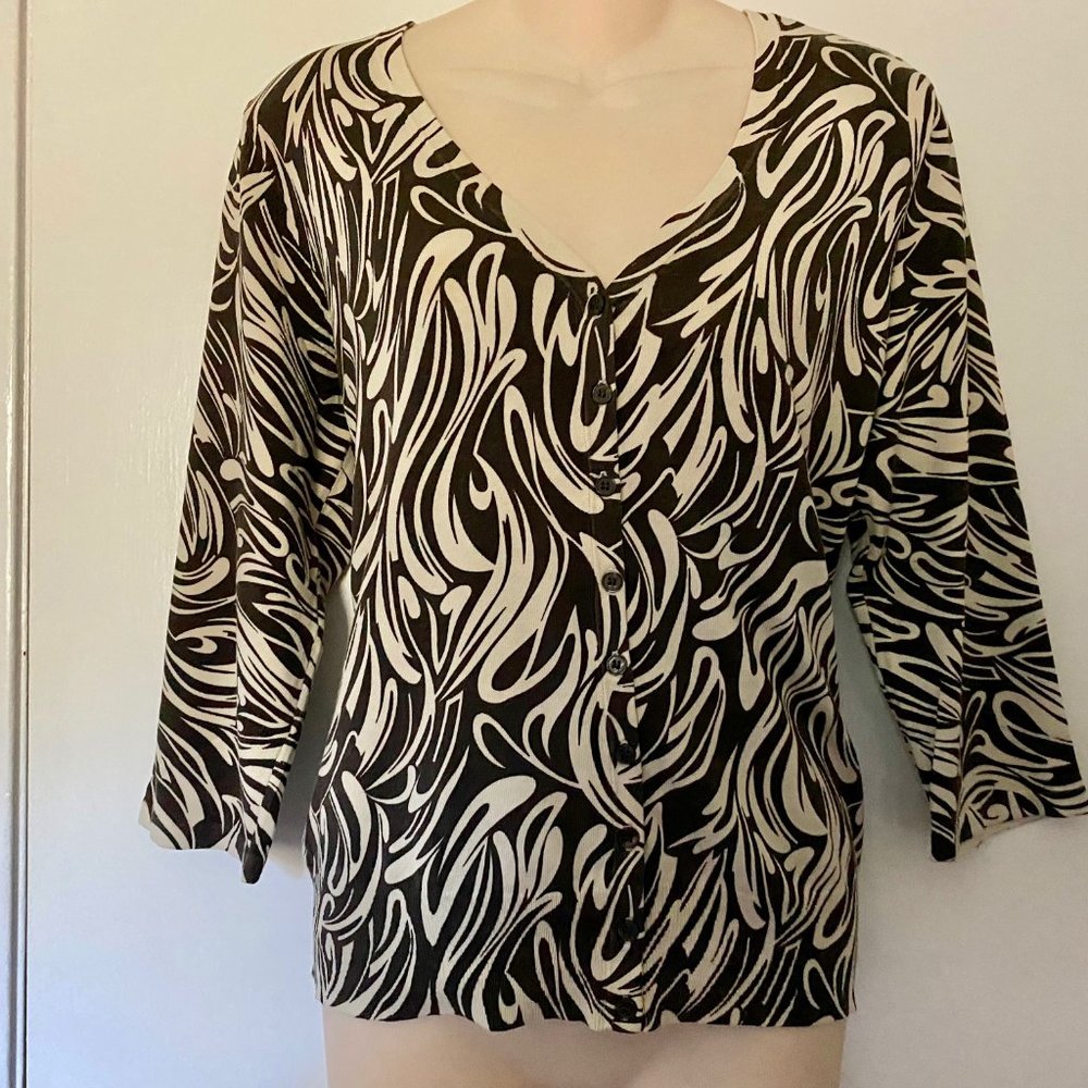 Josephine Chaus Office Work Academia Preppy Zebra Print Knit 3/4 Sl. Cardigan…